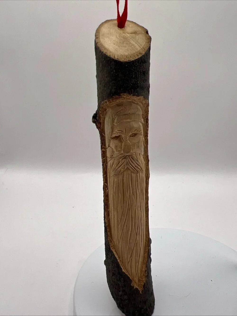 Vtg 1991 Hand Carved Santa Face in Wood Log Ornament 6